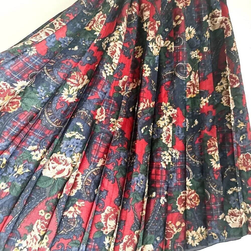 Vintage Hammer Floral Paisley Print Pleated Midi Skirt Wool L